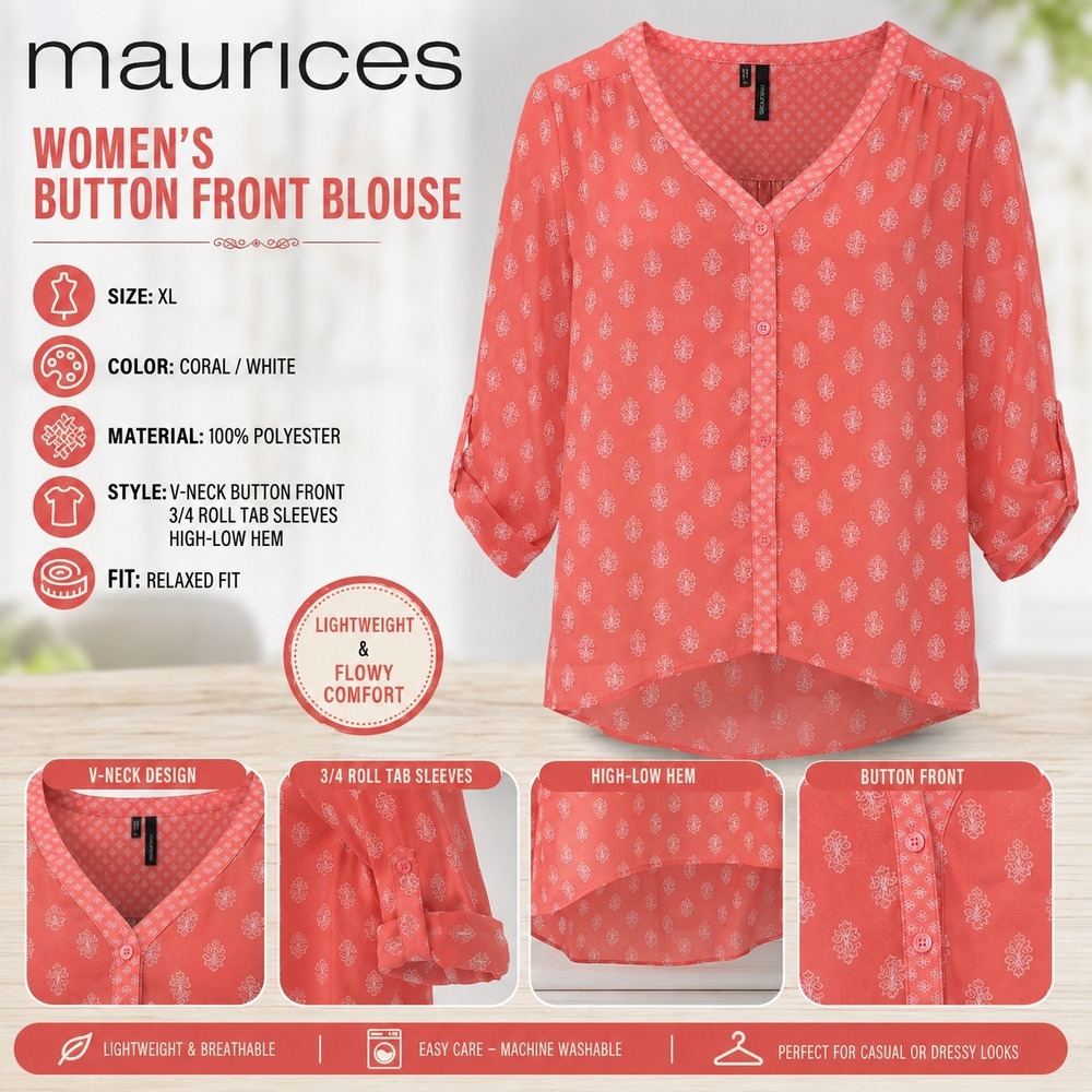 Maurices Women Coral White Floral V-Neck Button Front Roll Tab Blouse XL